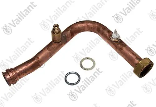 Vaillant Heizungsrohr mit gebogener Form, einer goldfarbenen Ventilkappe und zwei Dichtungen, zu sehen.